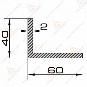 Фото Кутник алюмінієвий 60х40х2 мм без покриття