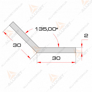 Фото Кутник алюмінієвий 30х30х2 мм анодований 135 градусів